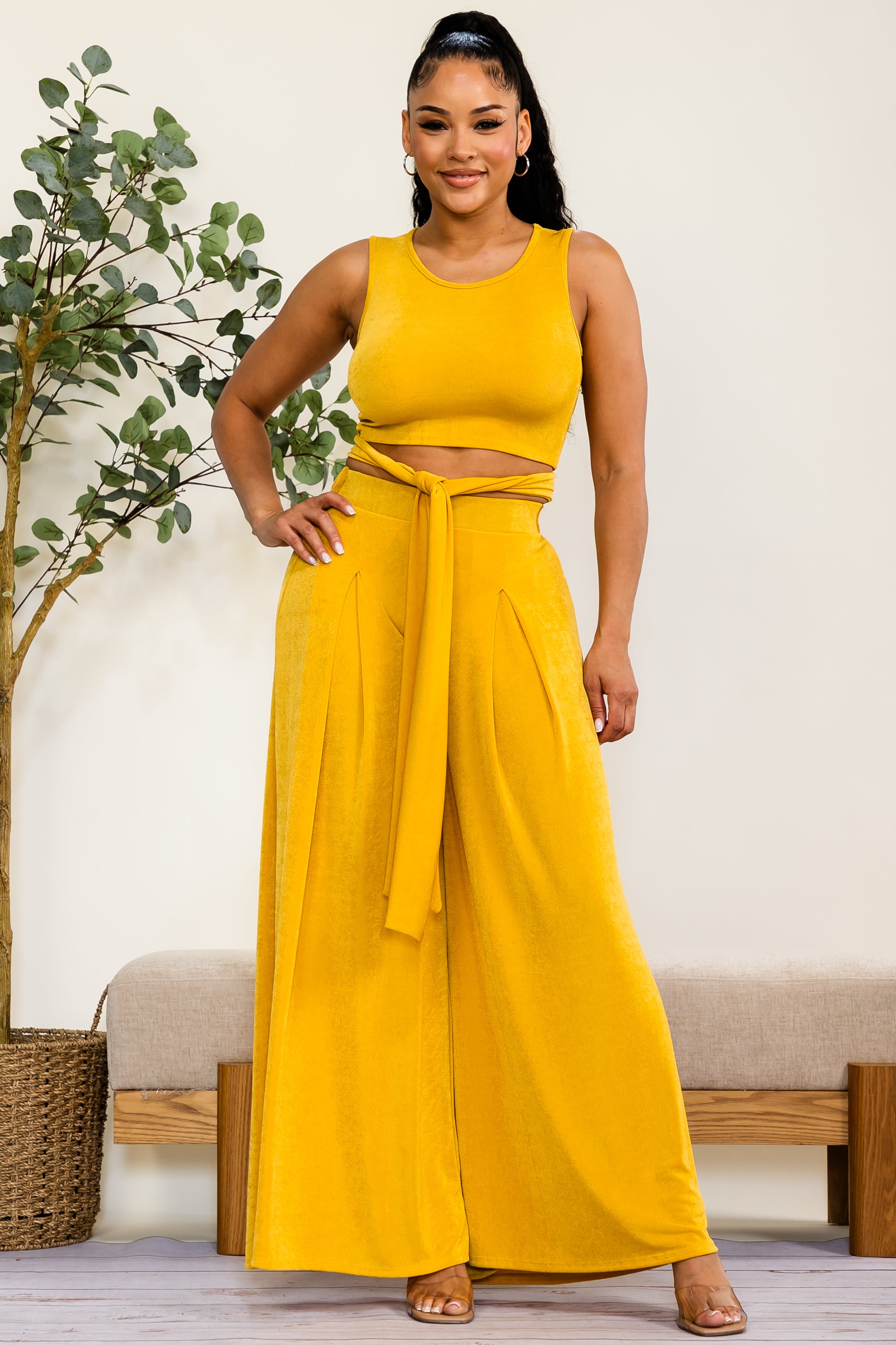 HH688X-S - Plus Size Wrap Tie Crop Top & Wide Leg Pants Set