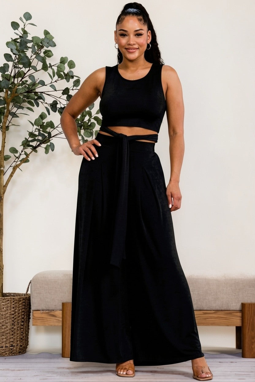 HH688R-S - Wrap Tie Crop Top & Wide Leg Pants Set