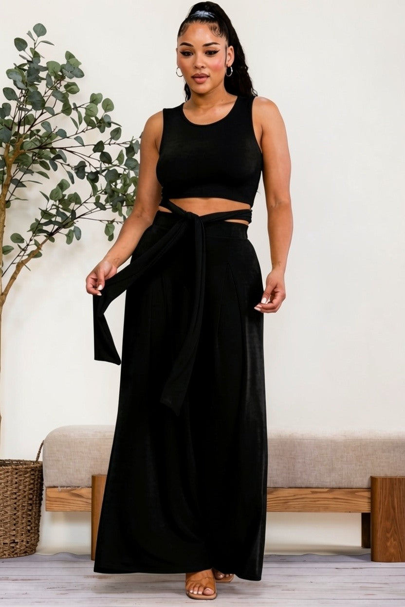 HH688X-S - Plus Size Wrap Tie Crop Top & Wide Leg Pants Set