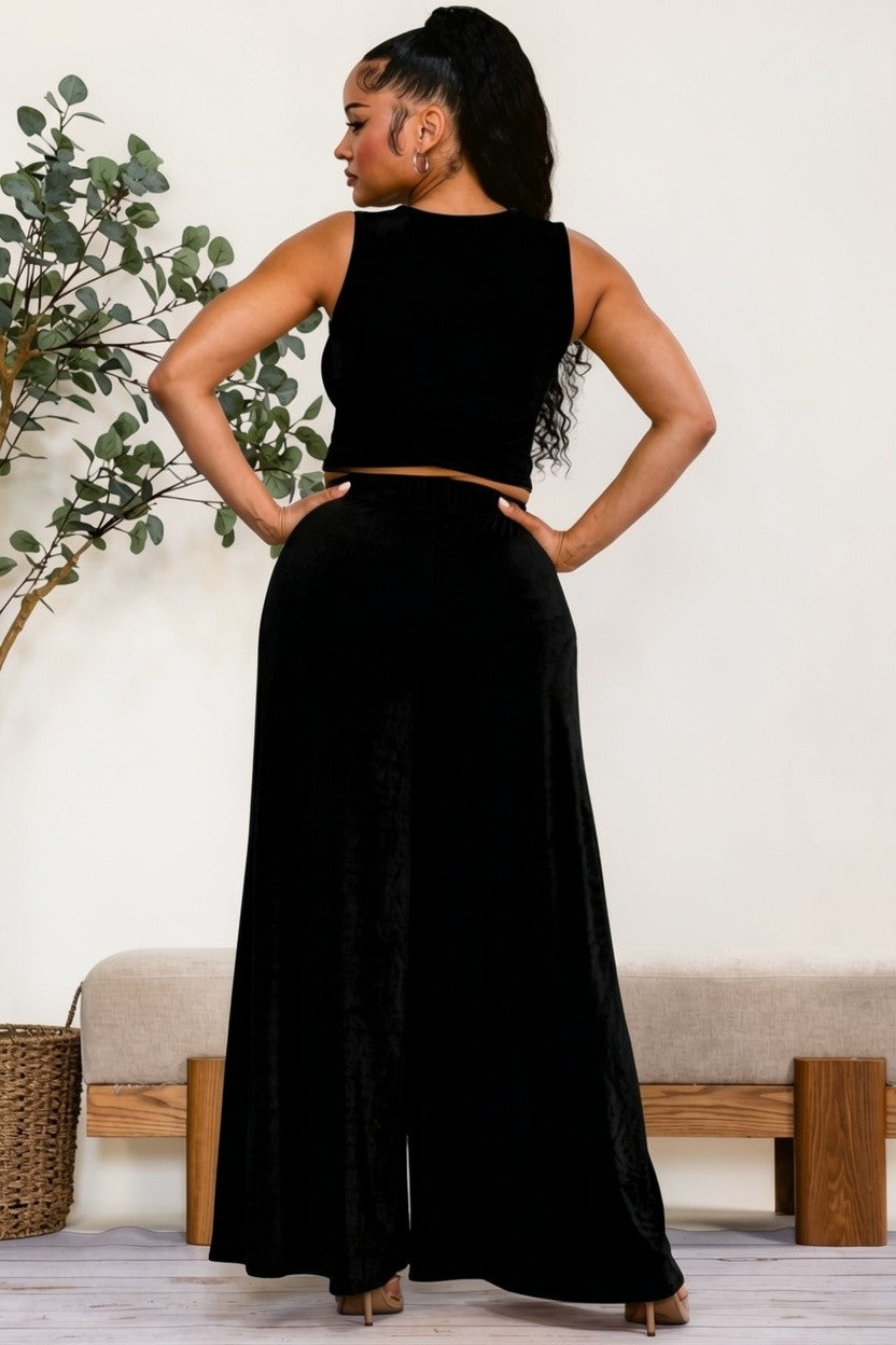 HH688R-S - Wrap Tie Crop Top & Wide Leg Pants Set