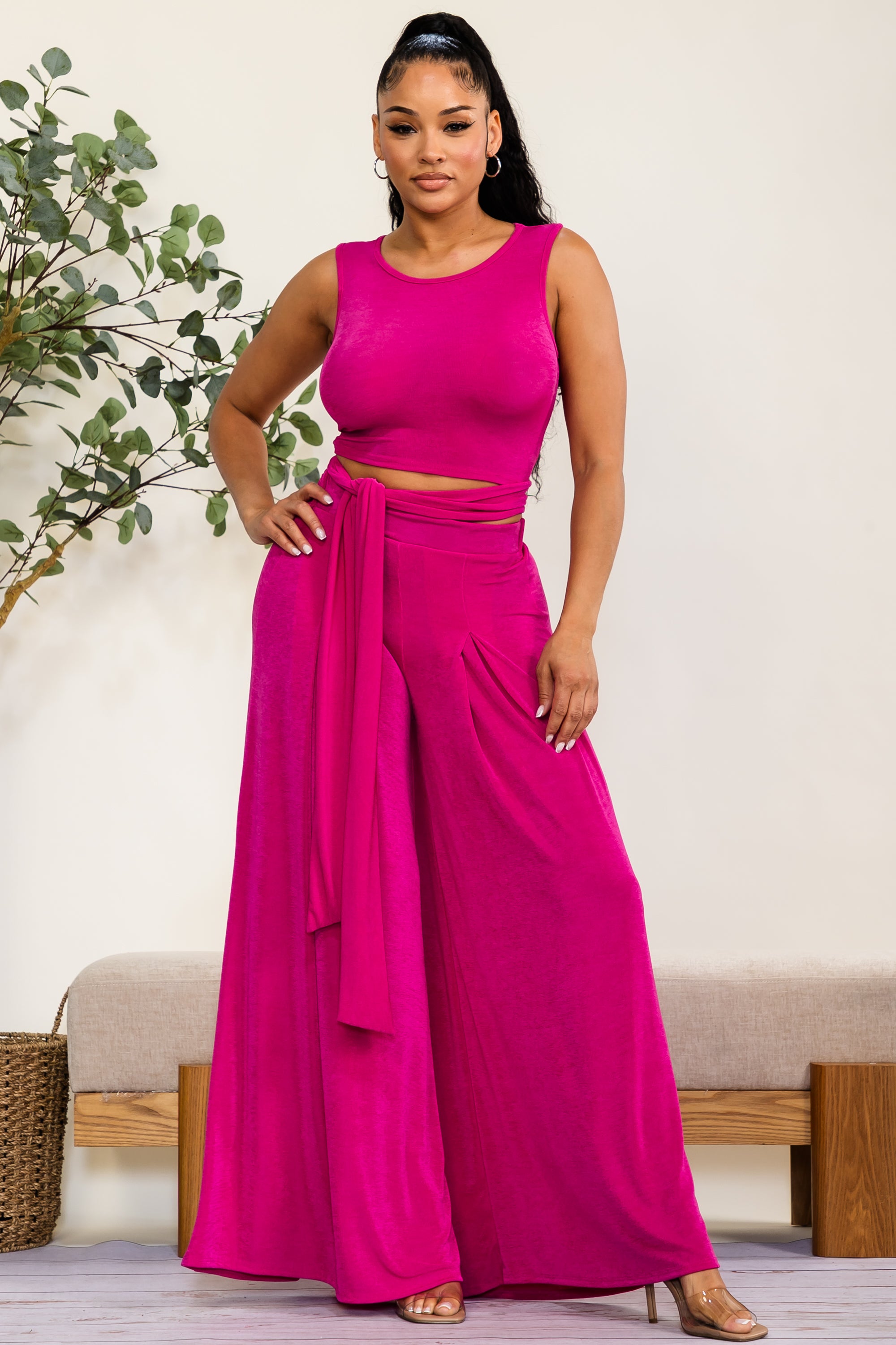 HH688R-S - Wrap Tie Crop Top & Wide Leg Pants Set