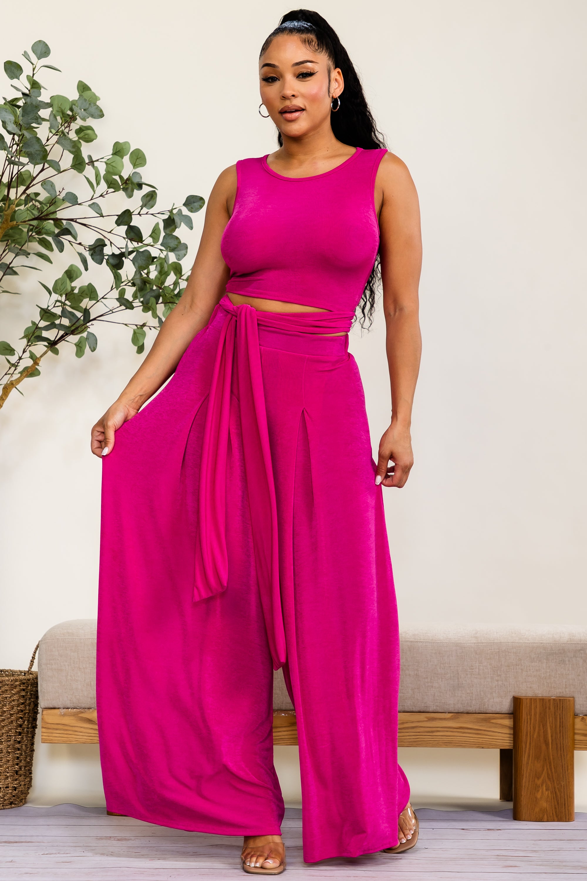 HH688X-S - Plus Size Wrap Tie Crop Top & Wide Leg Pants Set
