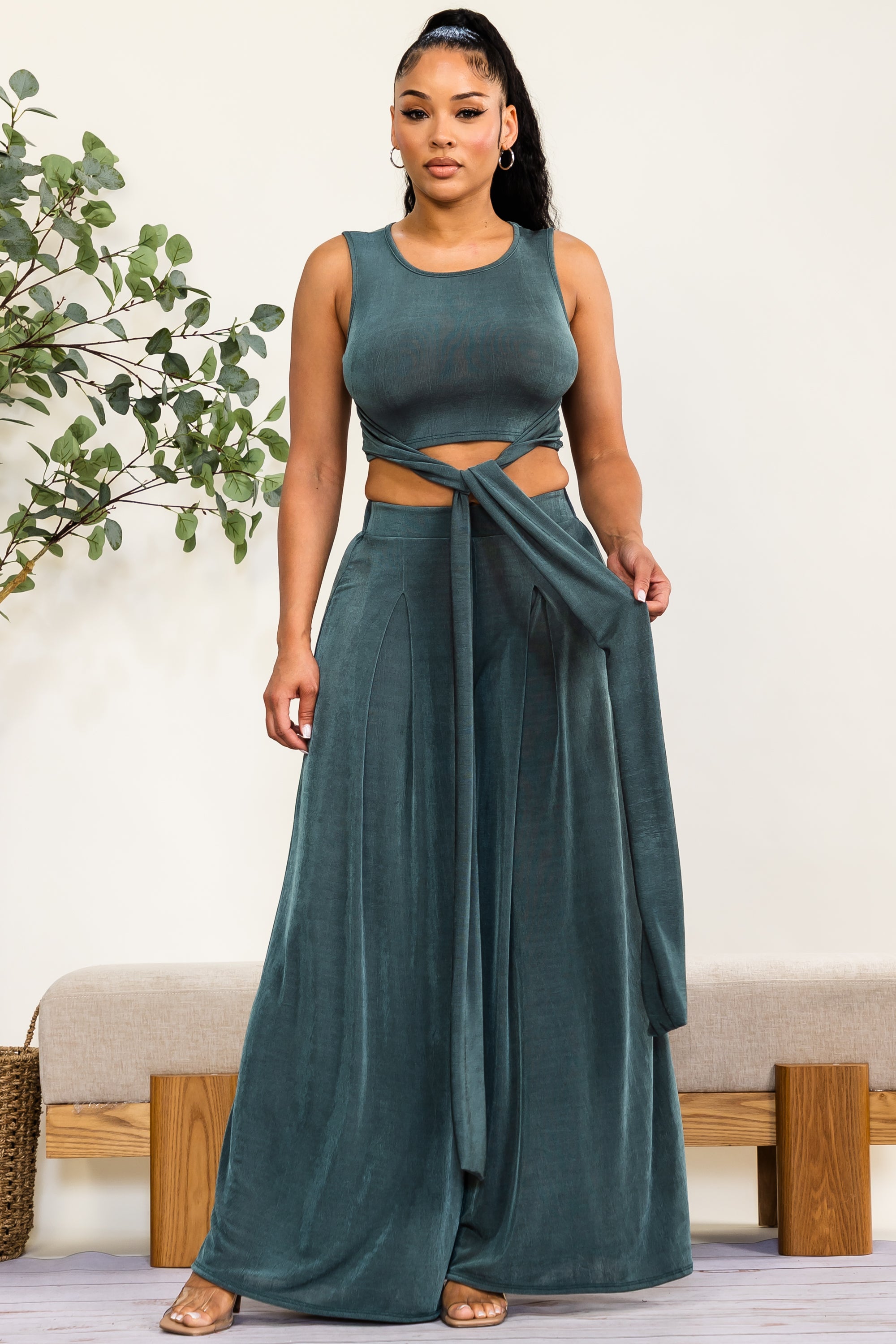HH688R-S - Wrap Tie Crop Top & Wide Leg Pants Set