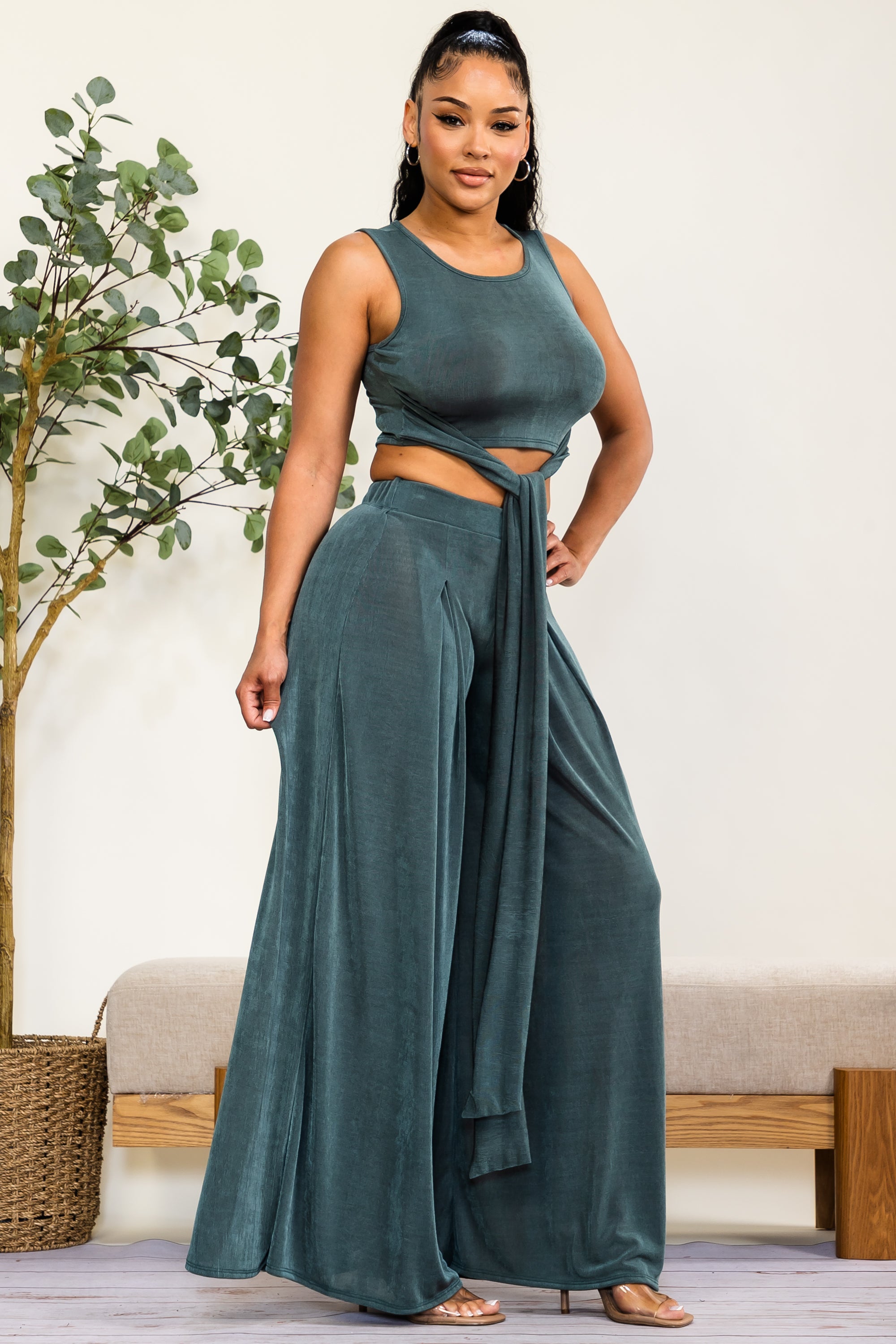 HH688R-S - Wrap Tie Crop Top & Wide Leg Pants Set