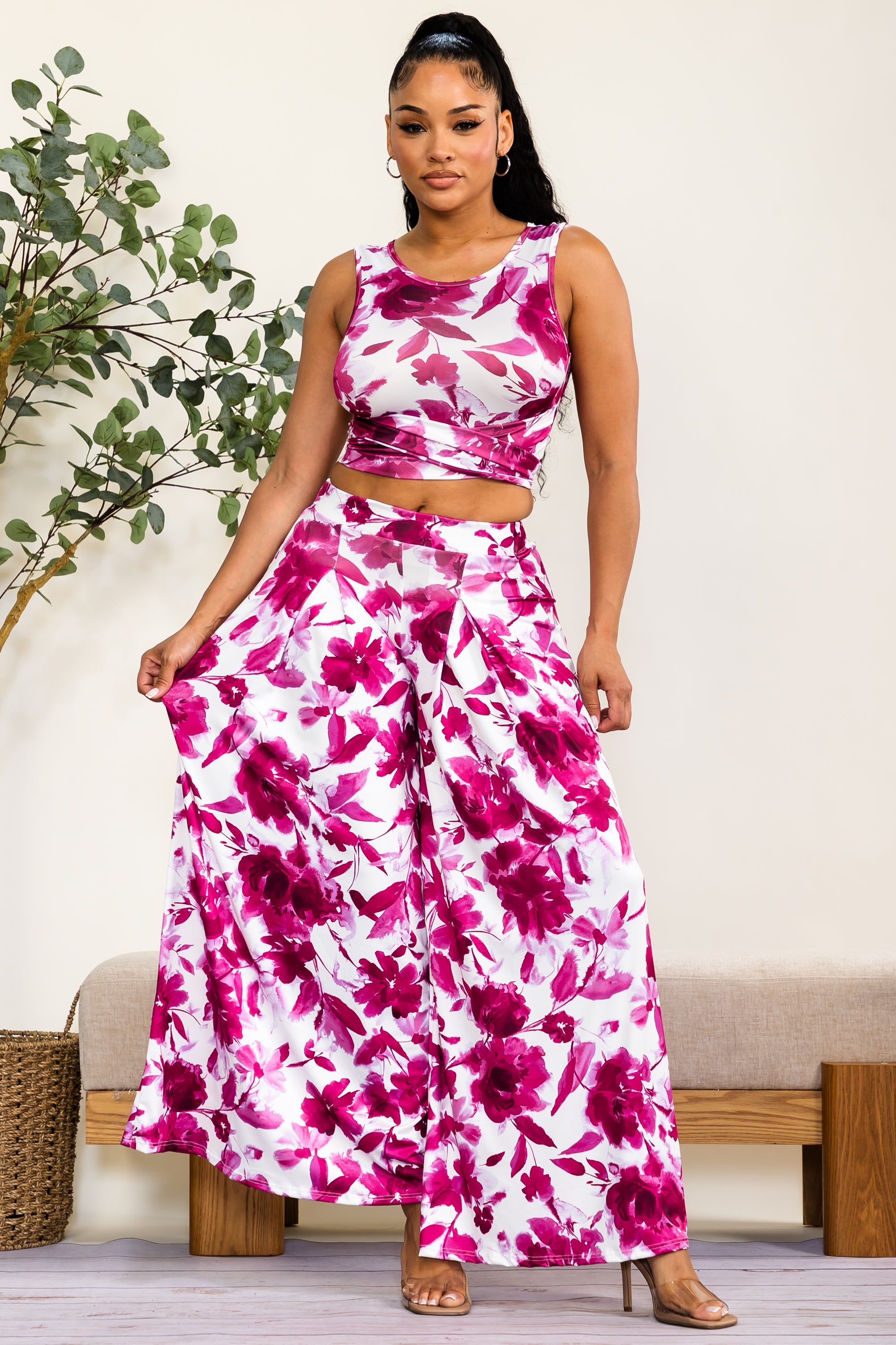 HH688R-FLP - Floral Print Wide Leg Pants Set