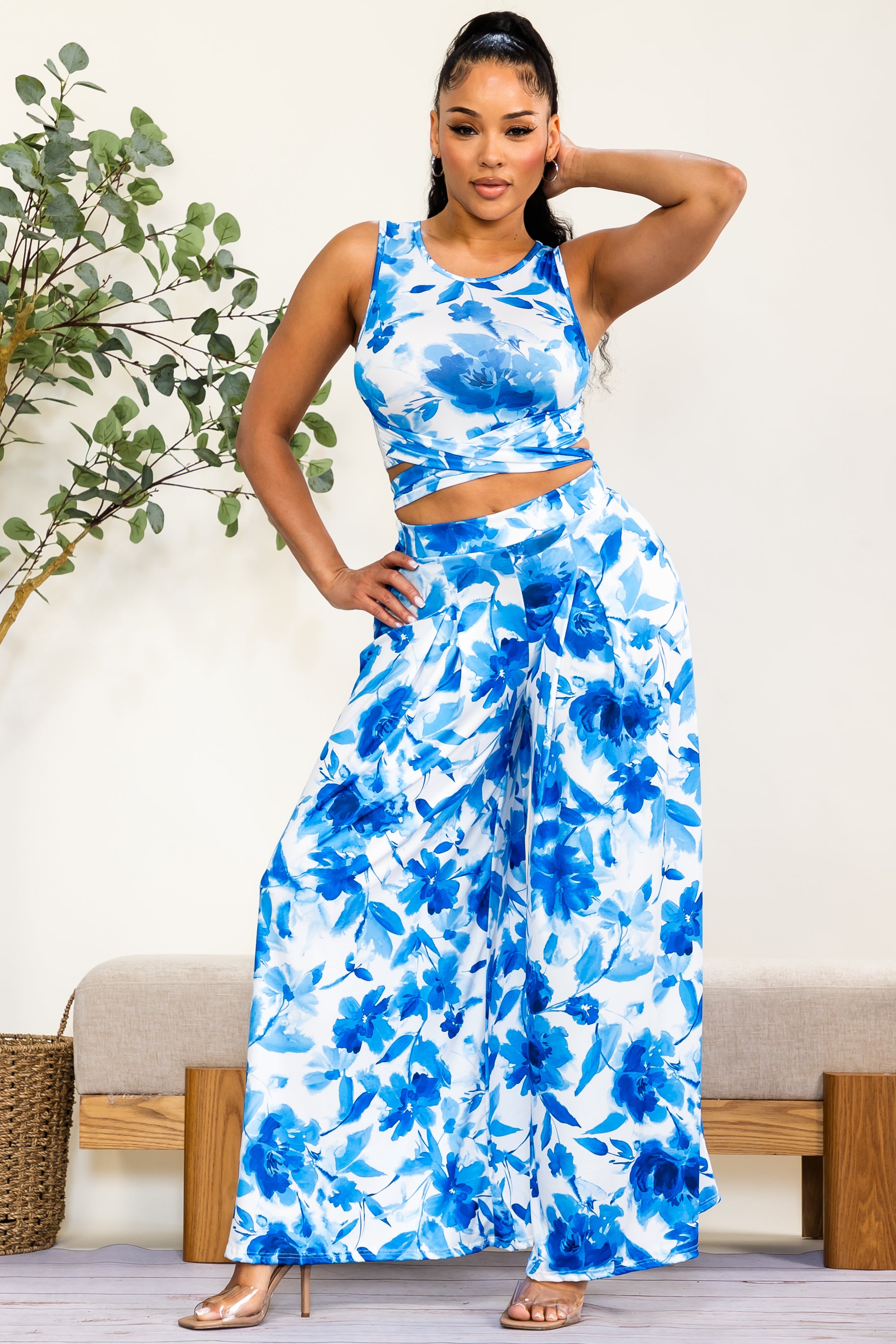 HH688R-FLP - Floral Print Wide Leg Pants Set
