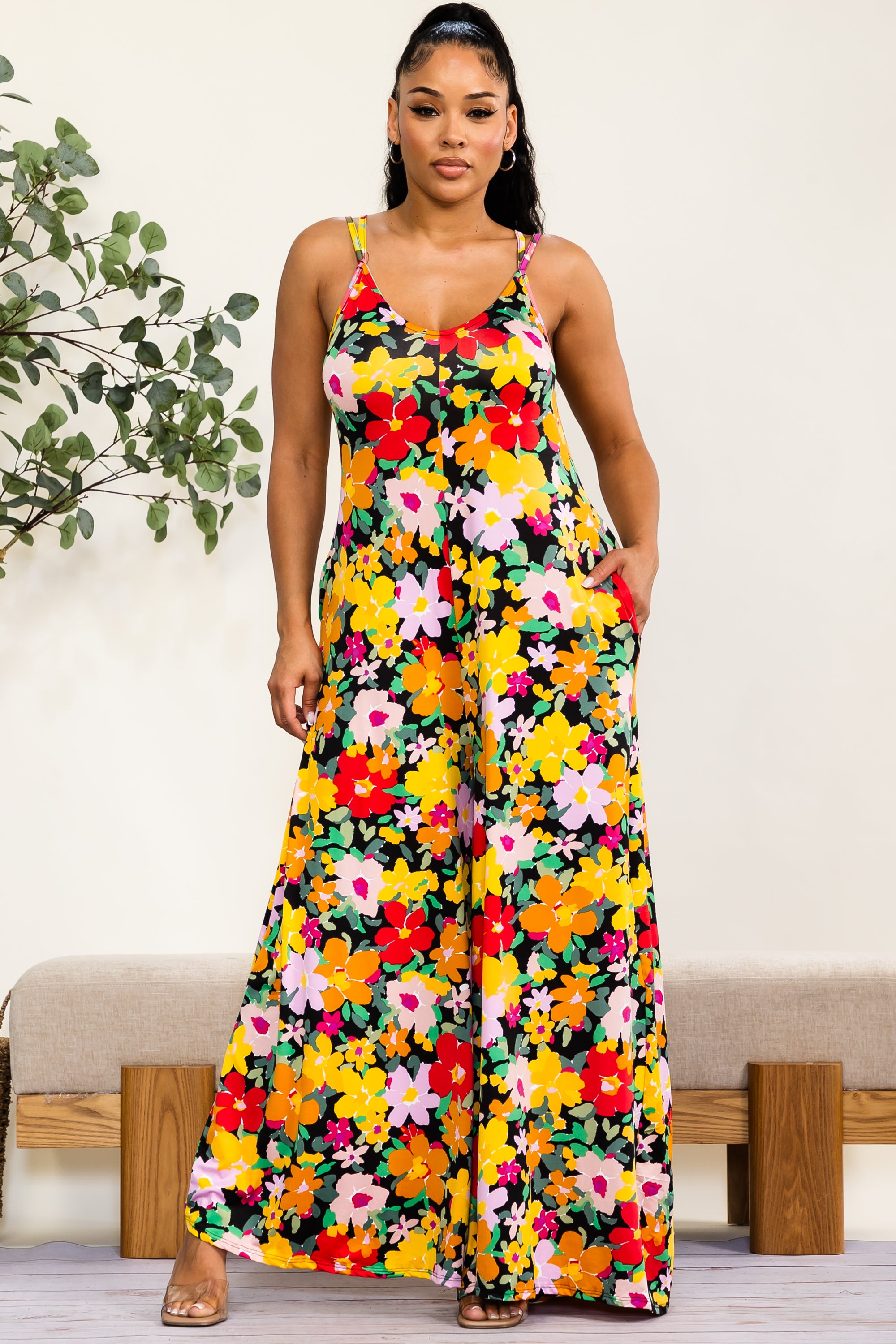 HH697X-P-FL - Plus Size Floral Print Wide-Leg Jumpsuit