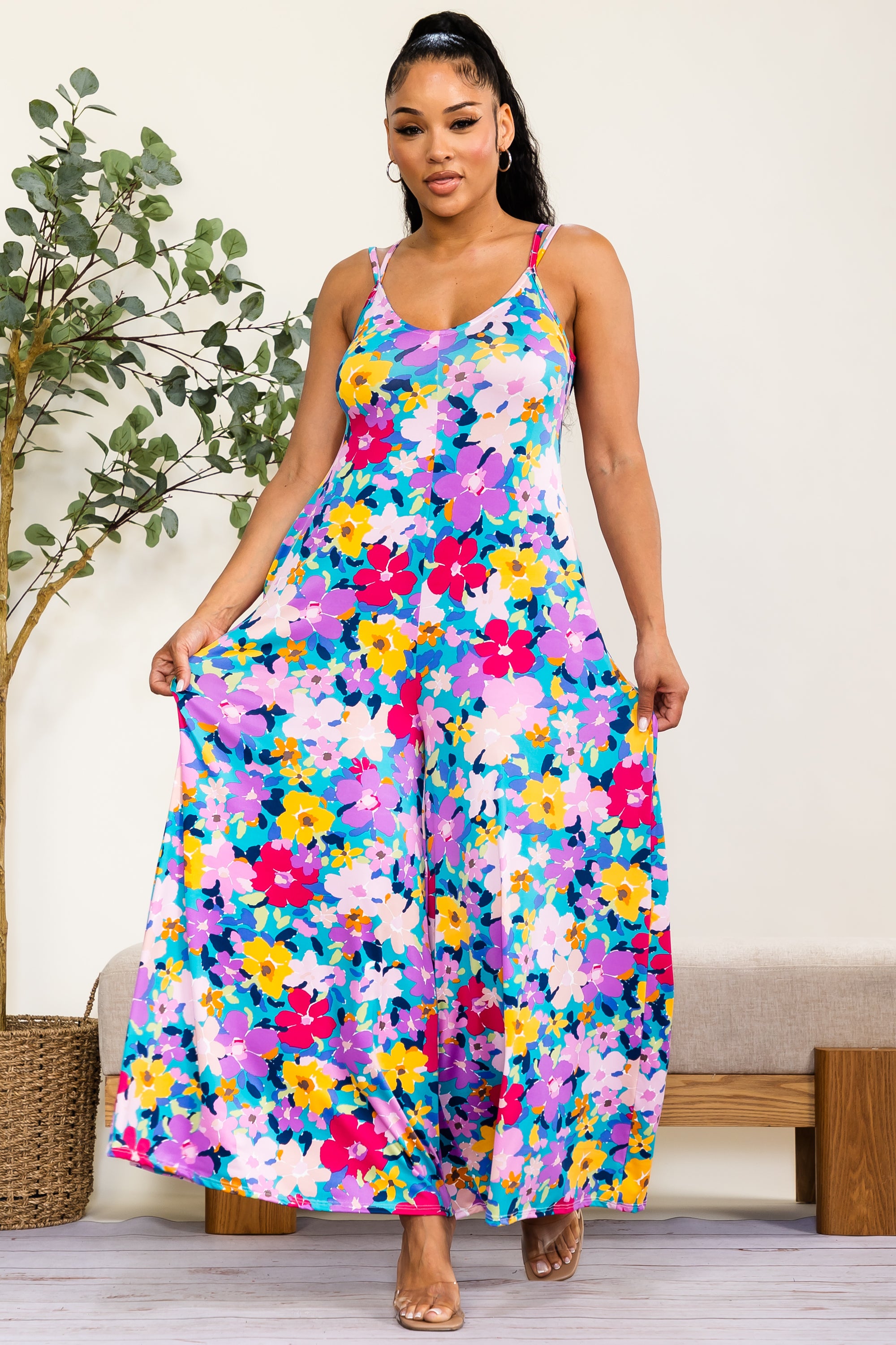 HH697R-P-FL - Mono Enterizo Floral de Pierna Ancha
