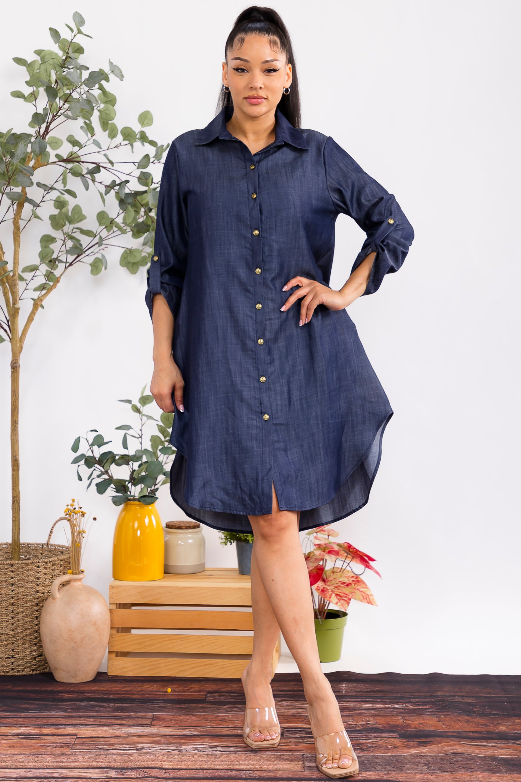 HH754X-P Plus Size Women's Button-Down Shirt Dress - Print