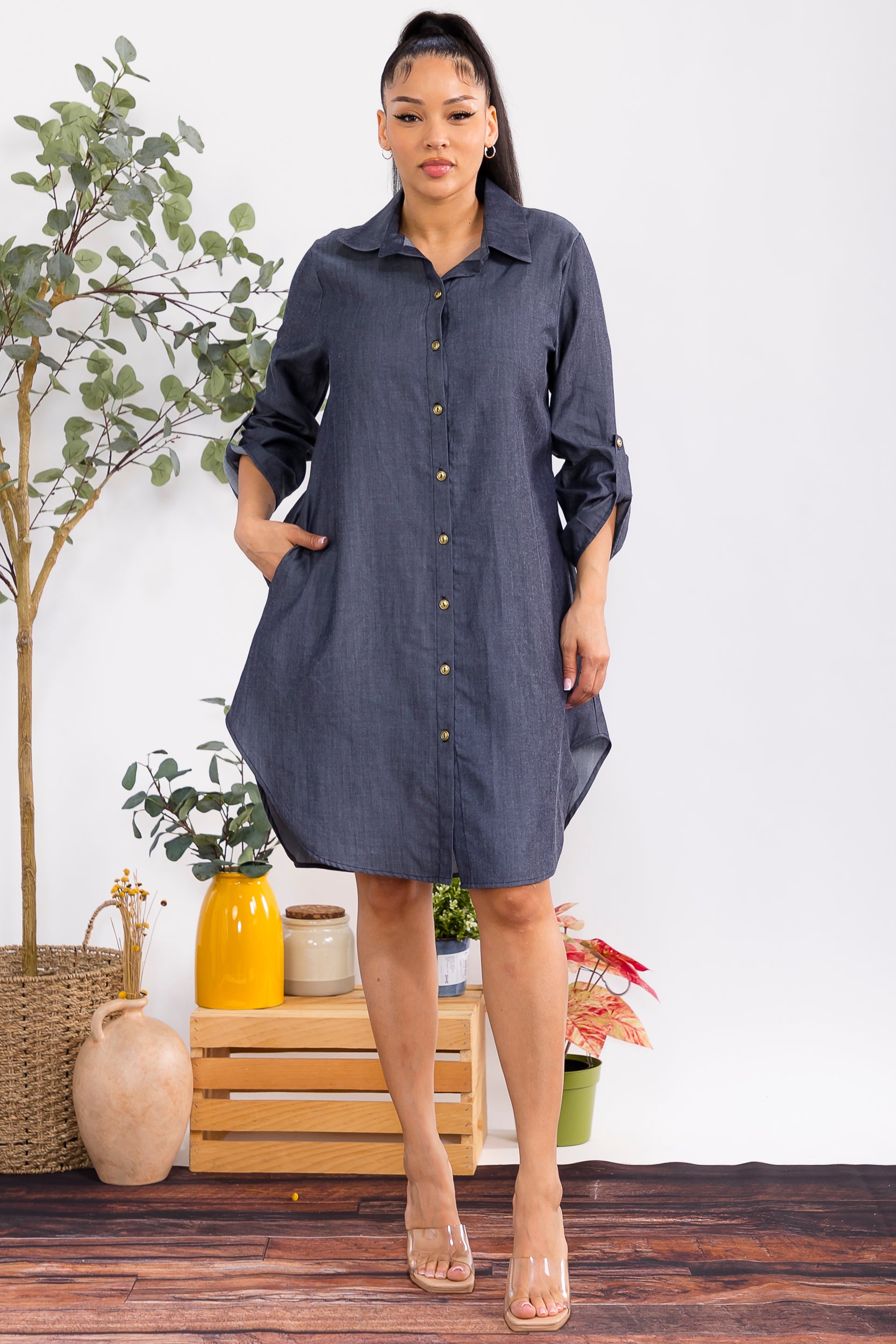 HH754X-P Plus Size Women's Button-Down Shirt Dress - Print