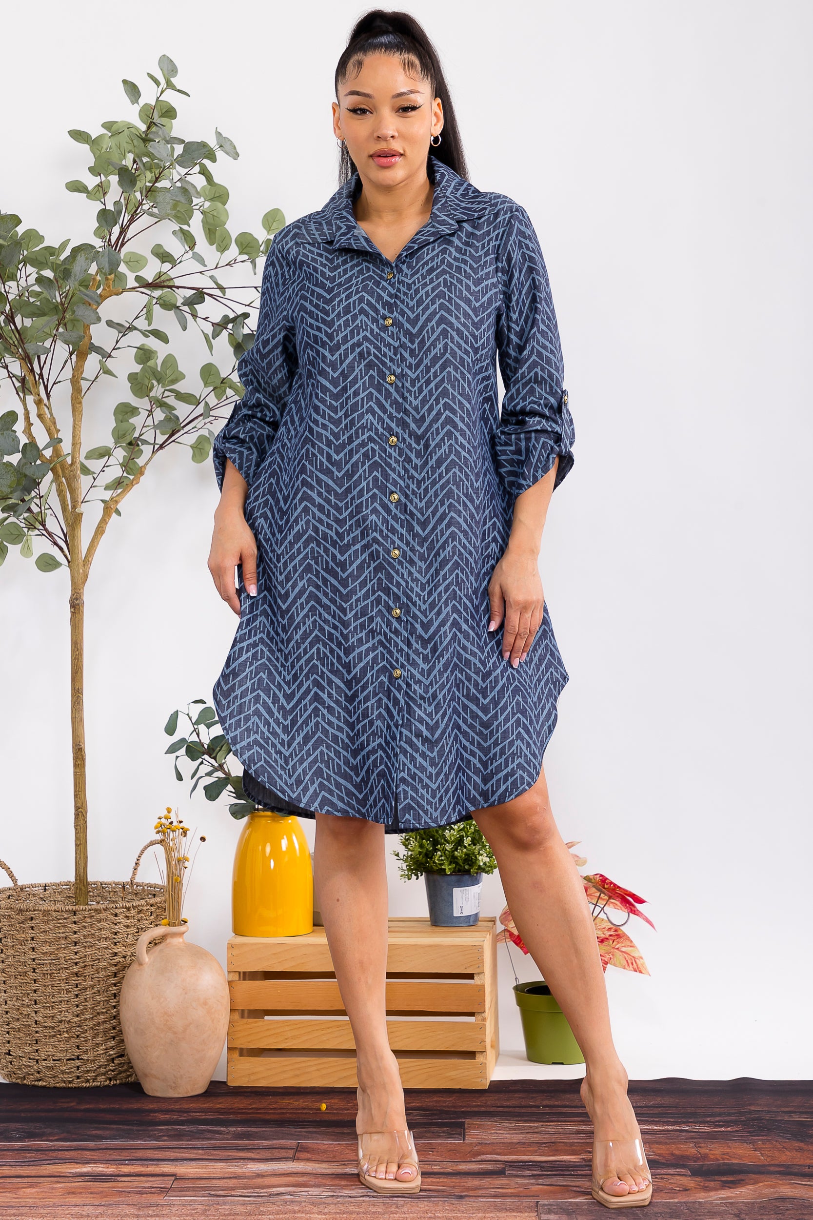 HH754R-P Women's Button-Down Shirt Dress - Print