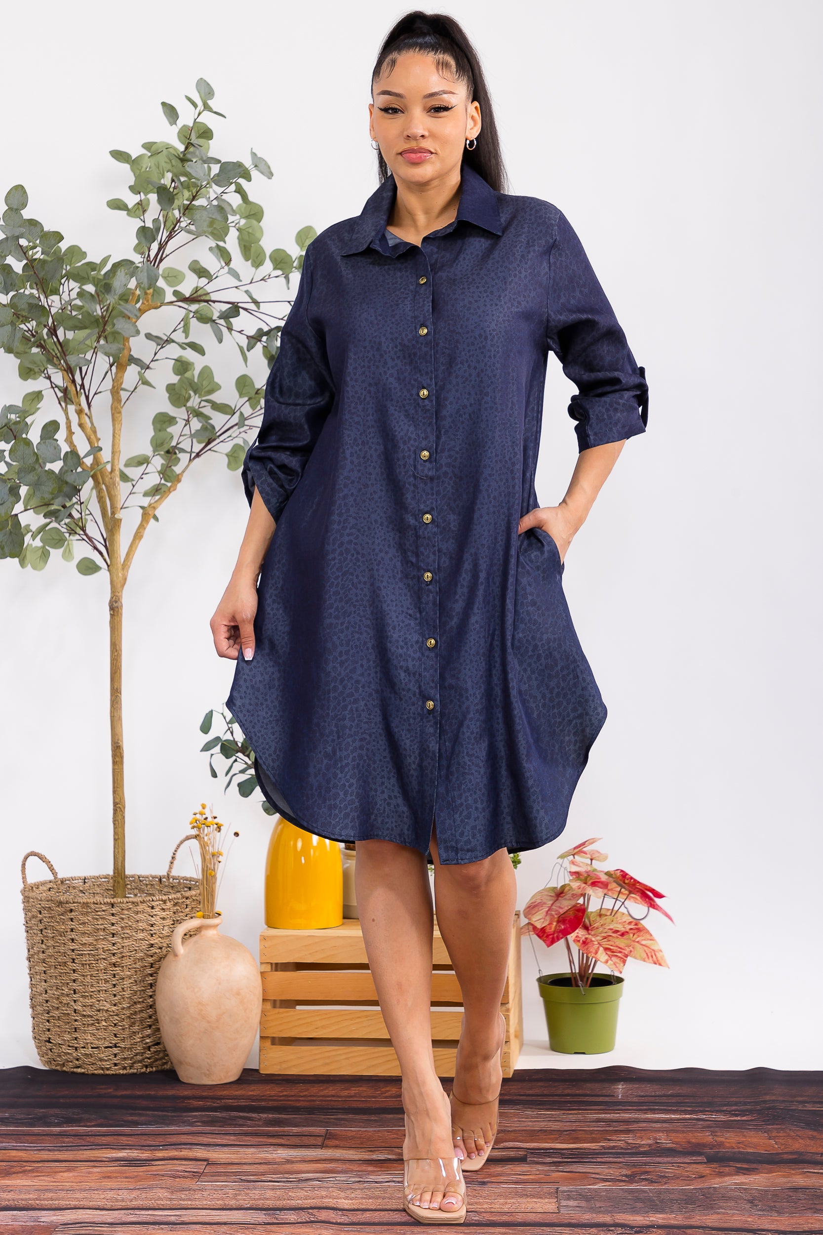 HH754R-P Women's Button-Down Shirt Dress - Print