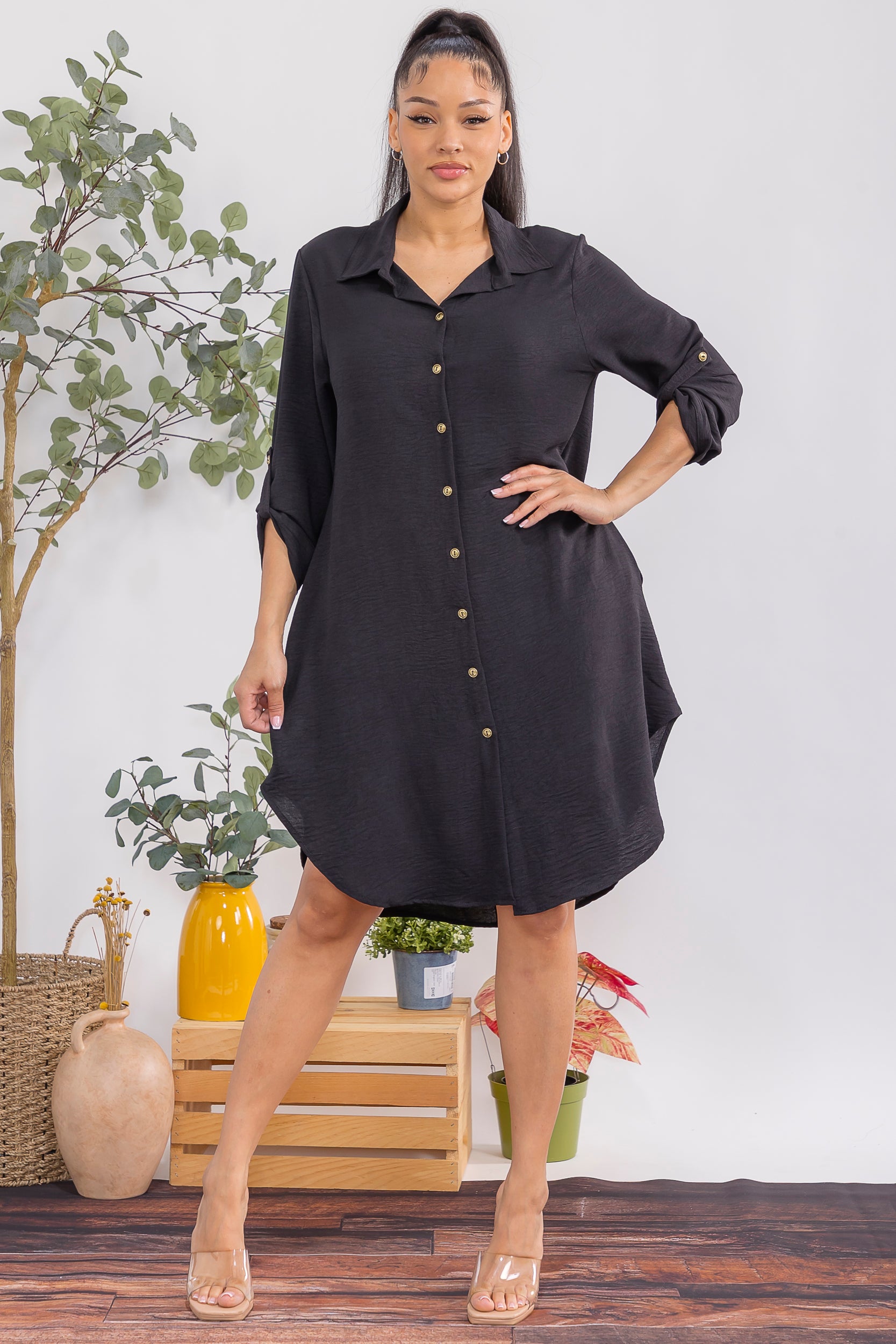 HH754X-S1 Plus Size Relaxed Button Down Shirt Dress