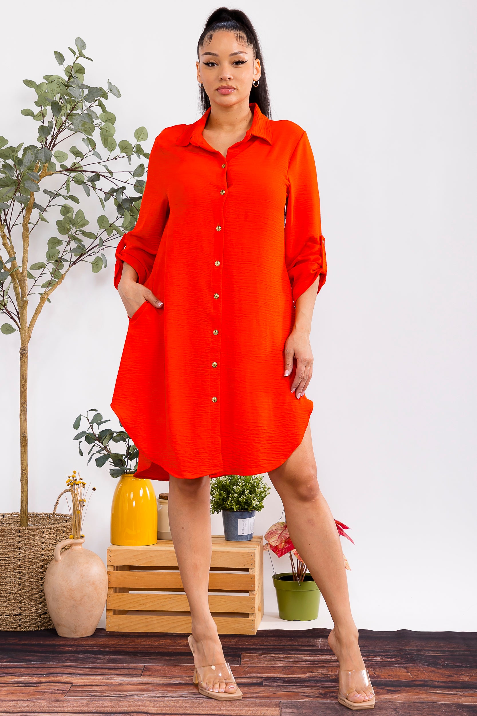HH754X-S1 Plus Size Relaxed Button Down Shirt Dress