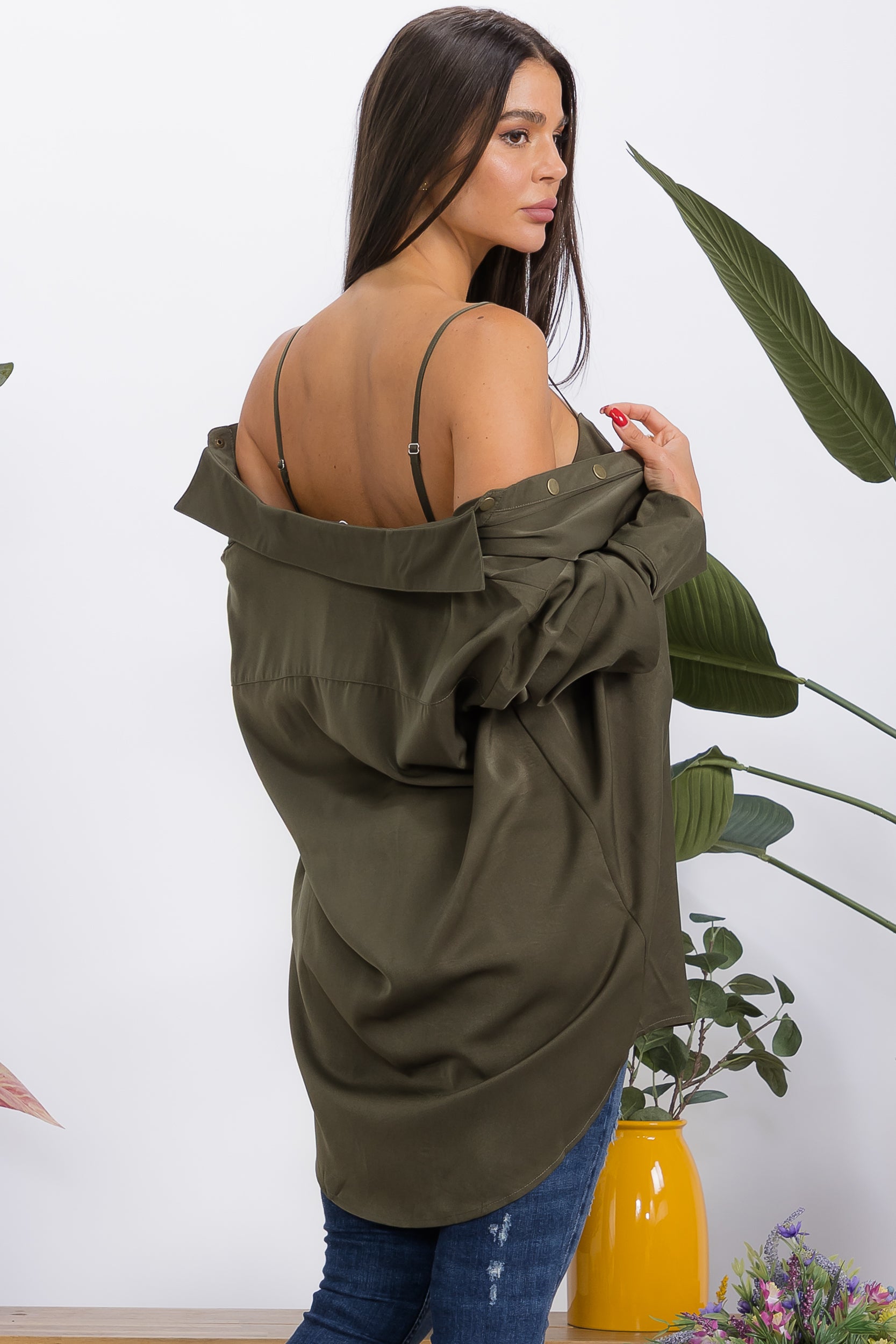 T1769 2-Piece Button-Down Shirt & Wrap Bralette Set