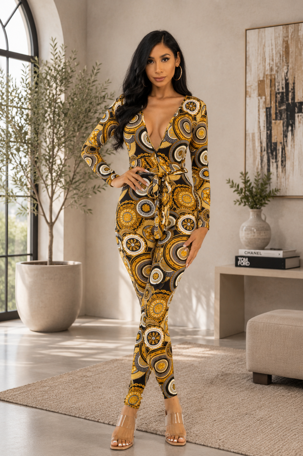 HH626X-GEO1 - Plus Size Geometric Print Tie-Waist Jumpsuit