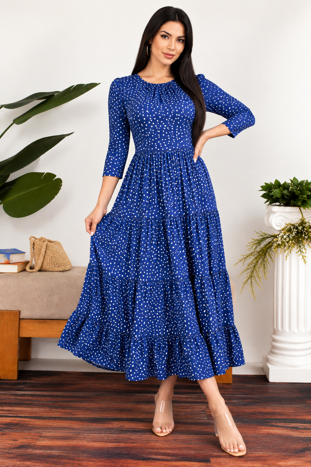 HH791P1-X - Plus Size Polka Dot Women's Tiered Midi Dress