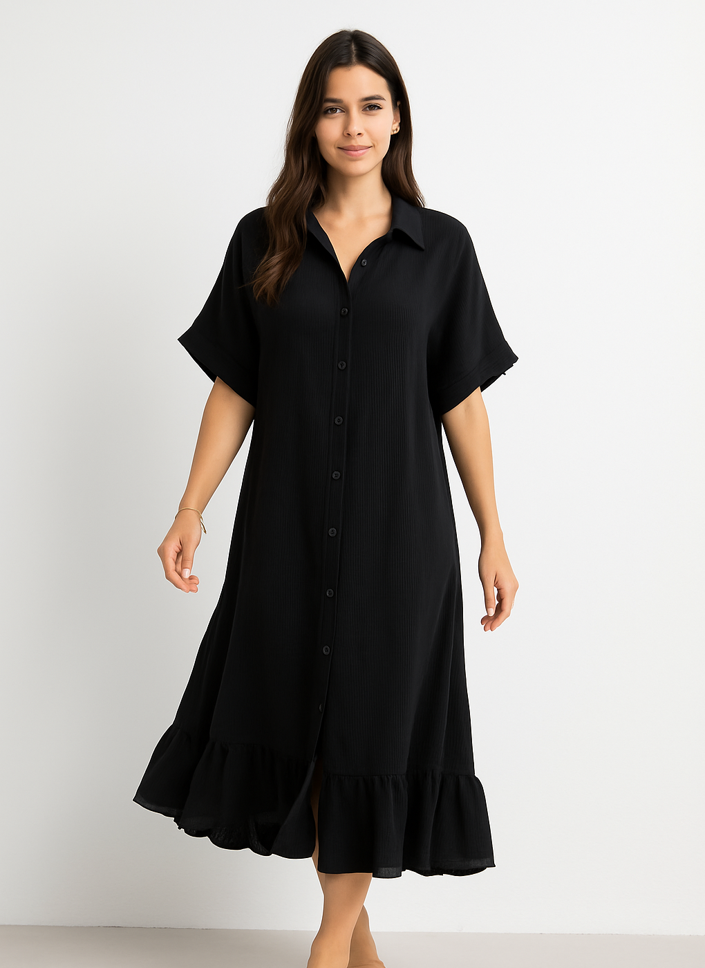 HH25100-X Plus Size Ruffled Button-Down Midi Dress