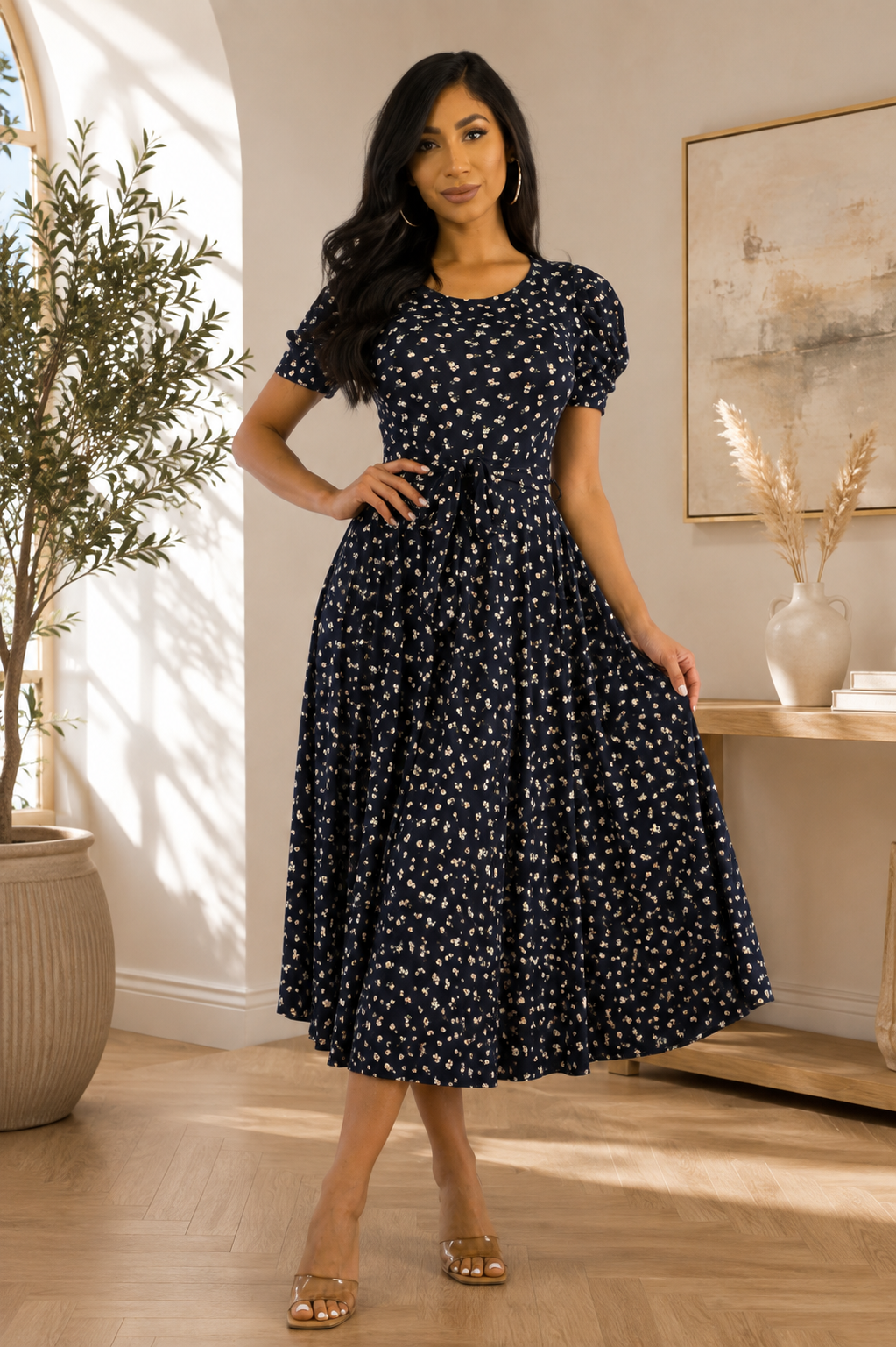 HH698X-DITSY-1 - PUFF SLEEVE MIDI COCKTAIL DRESS