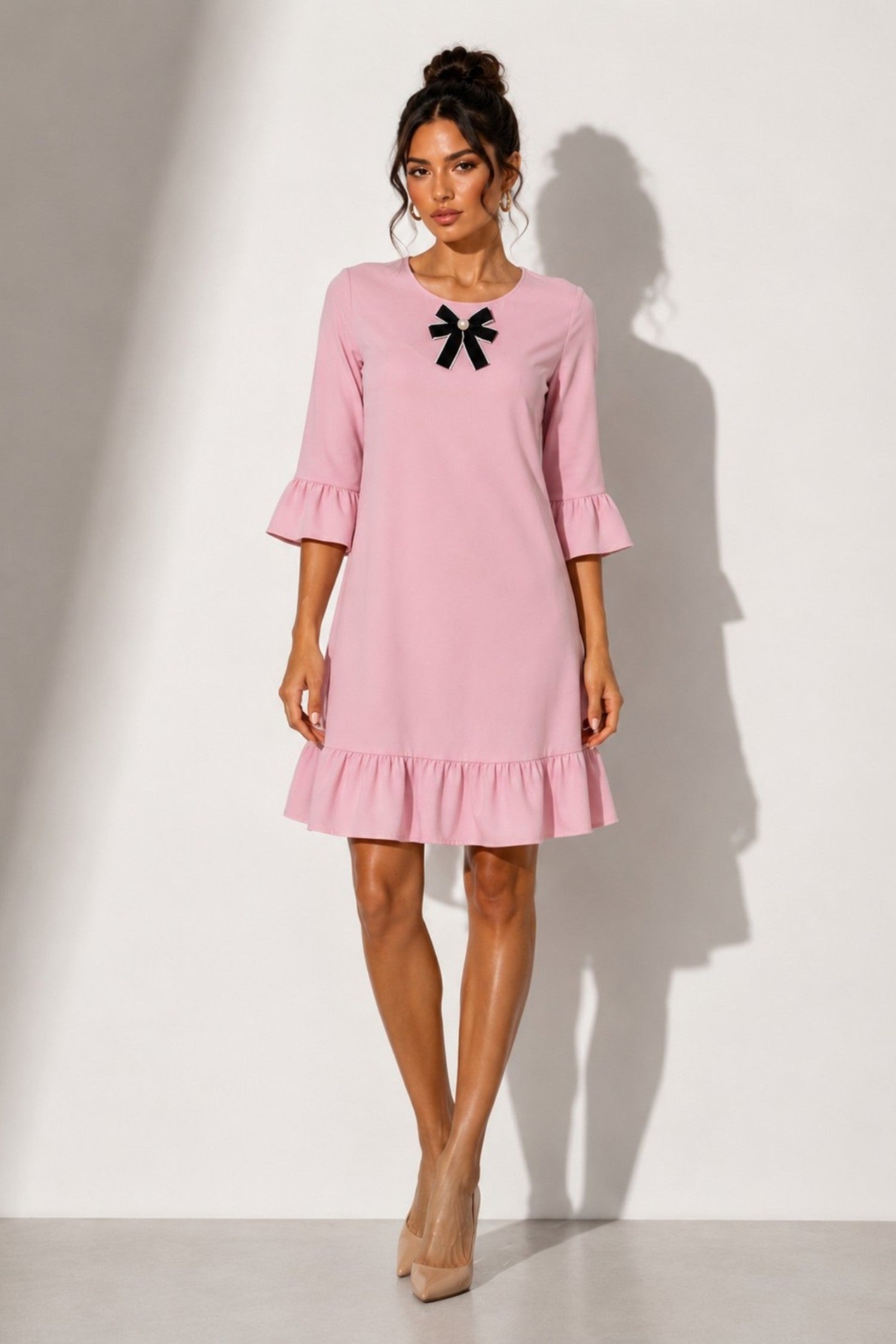 D251 - Bow Accent Ruffle Hem Shift Dress