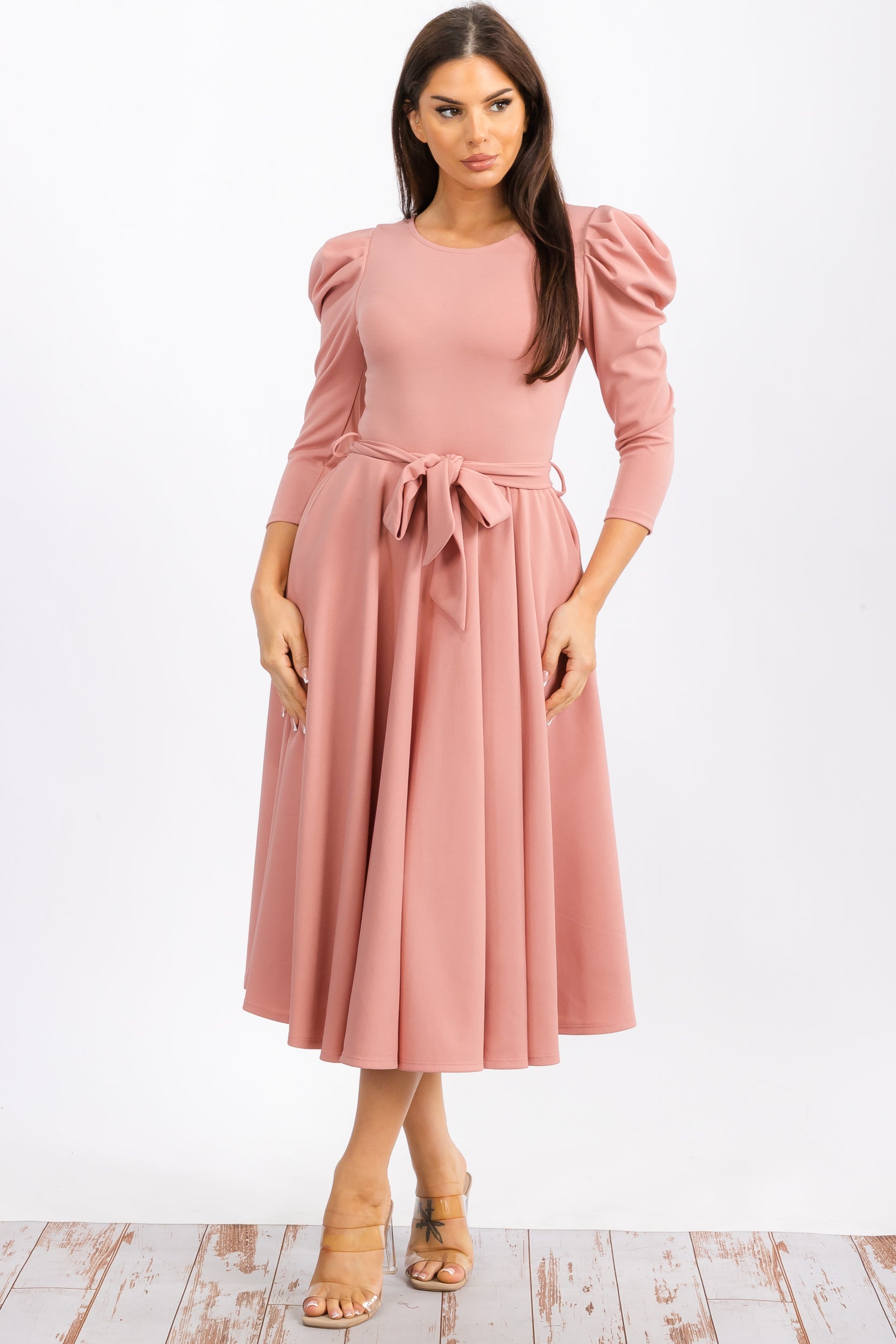 HH698CX-S Quarter Sleeve Midi Dress with Bow Tie