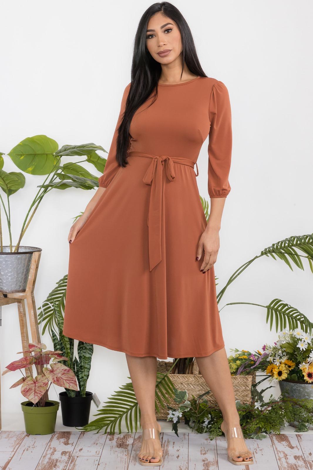 HH583R-S Midi Tie-Up Dress Puff Sleeves & Keyhole