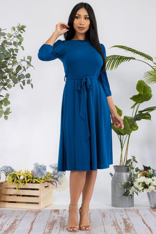HH583R-S Midi Tie-Up Dress Puff Sleeves & Keyhole