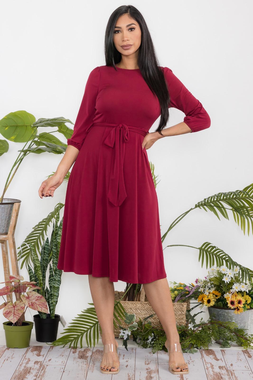 midi tie waist dress HH583R-S Midi Tie-Up Dress Puff Sleeves & Keyhole