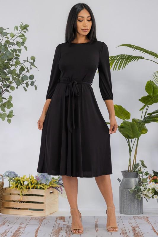 HH583R-S Midi Tie-Up Dress Puff Sleeves & Keyhole