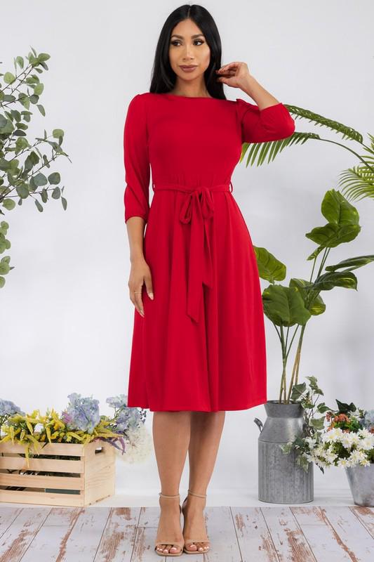 HH583R-S Midi Tie-Up Dress Puff Sleeves & Keyhole