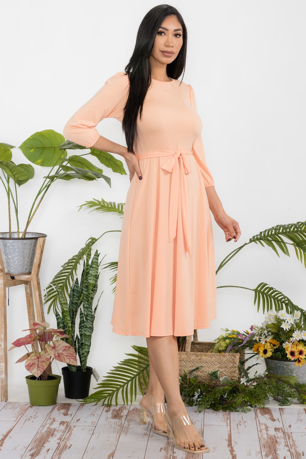 HH583R-S Midi Tie-Up Dress Puff Sleeves & Keyhole