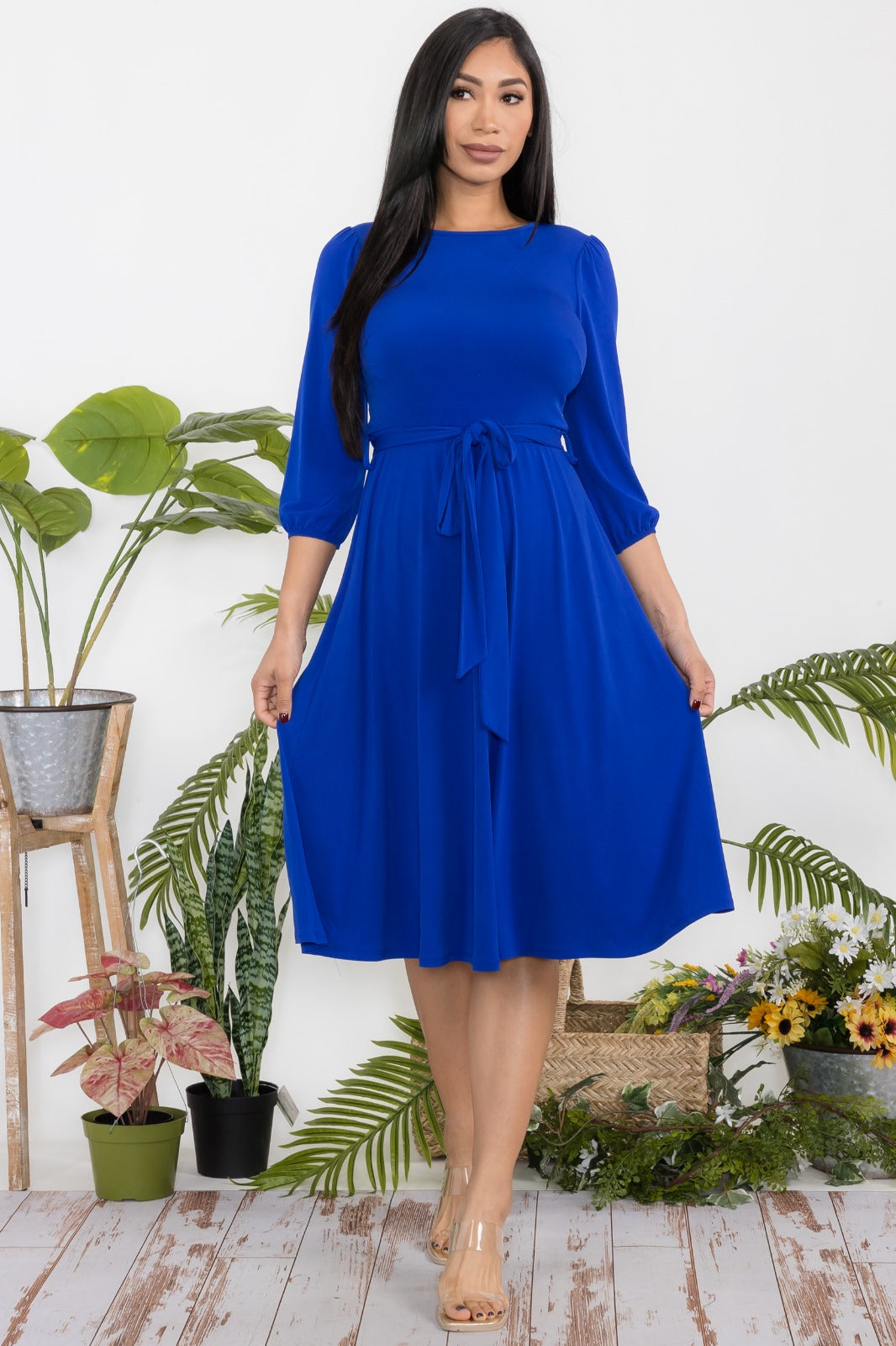 HH583R-S Midi Tie-Up Dress Puff Sleeves & Keyhole
