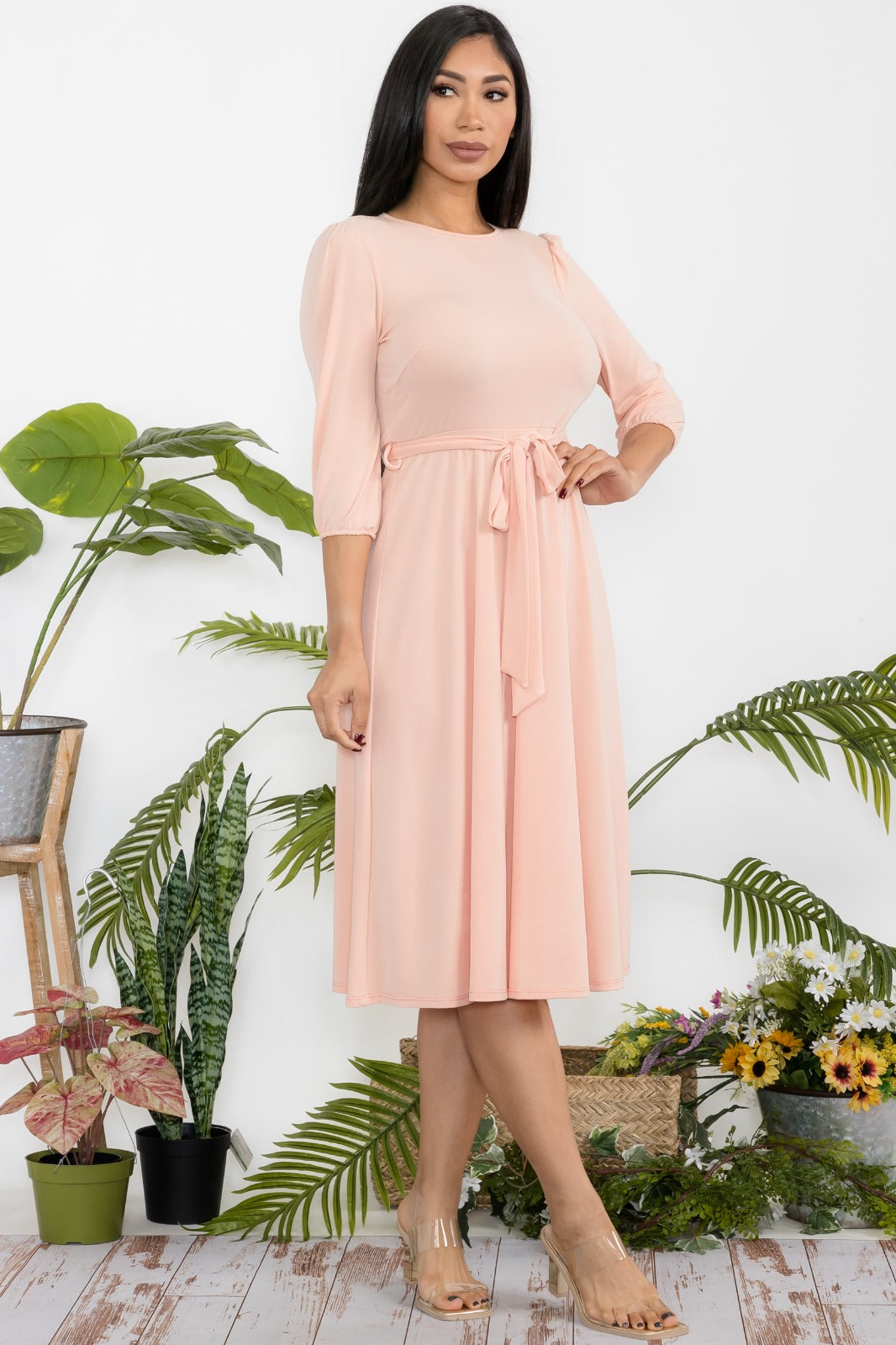HH583R-S Midi Tie-Up Dress Puff Sleeves & Keyhole