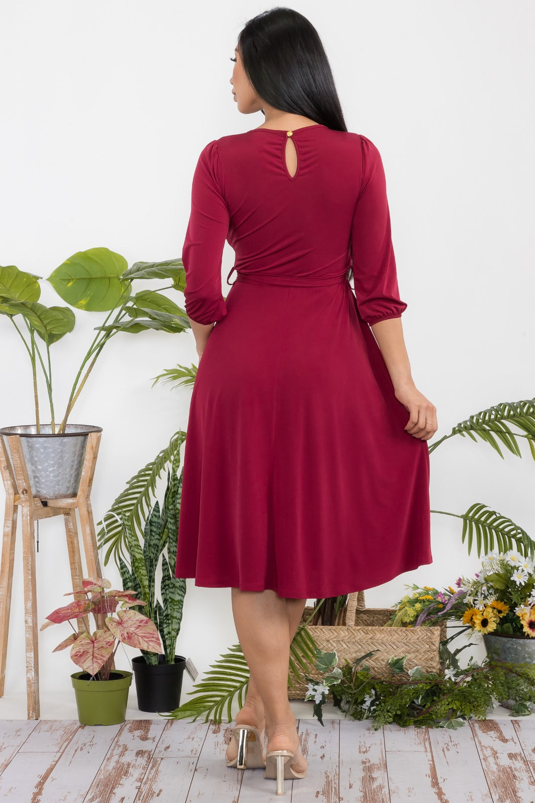 HH583R-S Midi Tie-Up Dress Puff Sleeves & Keyhole