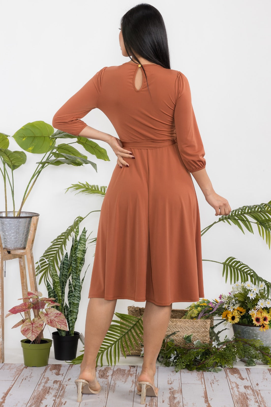 HH583R-S Midi Tie-Up Dress Puff Sleeves & Keyhole