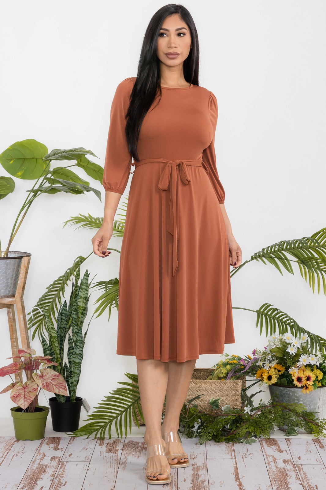 HH583R-S Midi Tie-Up Dress Puff Sleeves & Keyhole