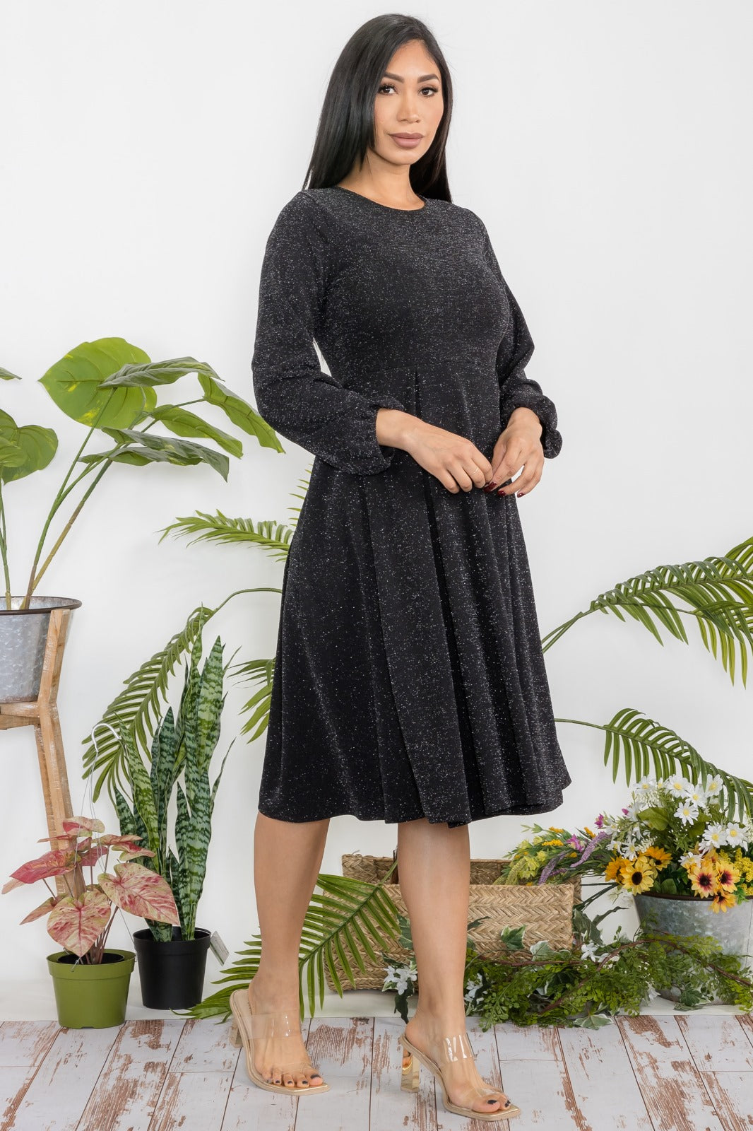 HH772X-P Plus Size Metallic Midi Babydoll 3/4 Sleeve Dress