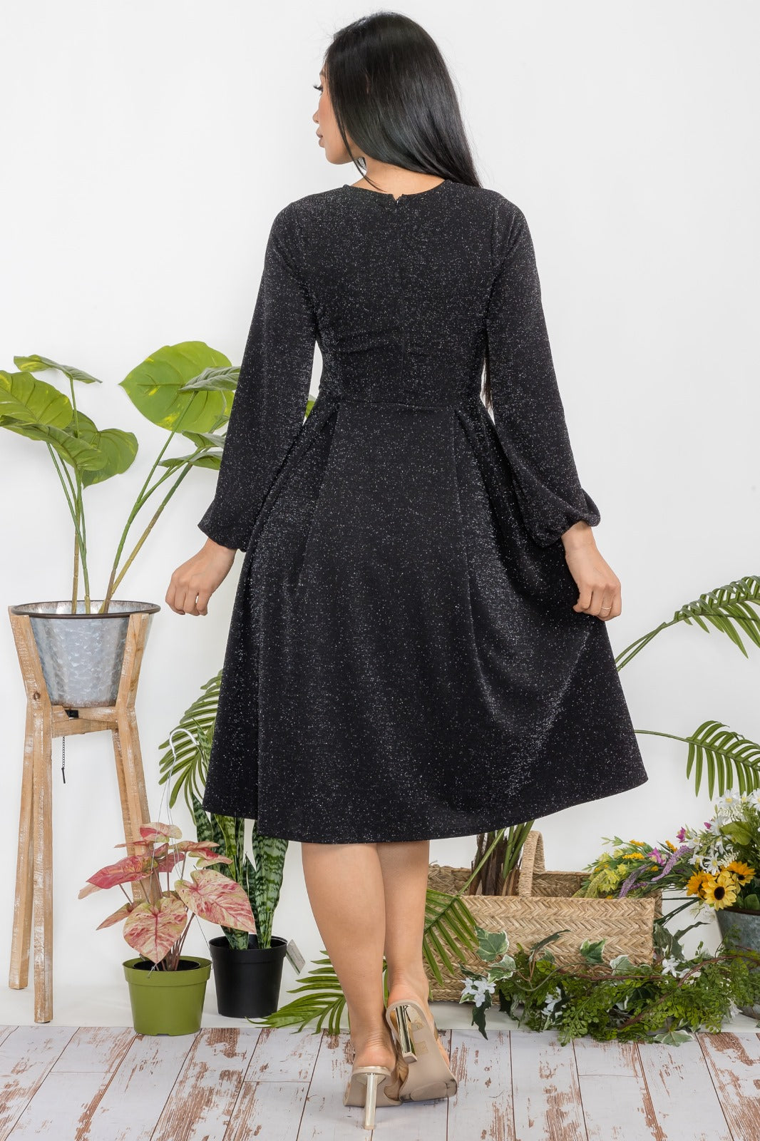 HH772X-P Plus Size Metallic Midi Babydoll 3/4 Sleeve Dress