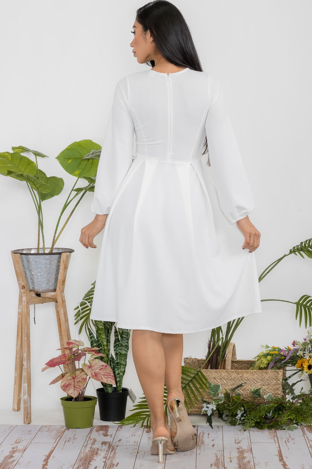 HH583R-S Midi Tie-Up Dress Puff Sleeves & Keyhole