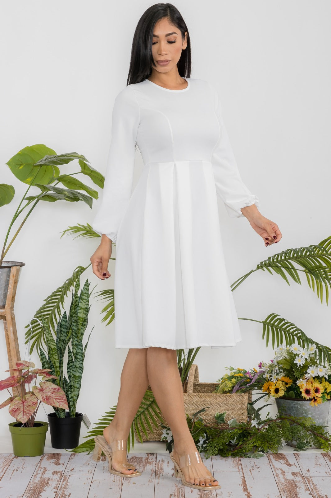 HH583R-S Midi Tie-Up Dress Puff Sleeves & Keyhole