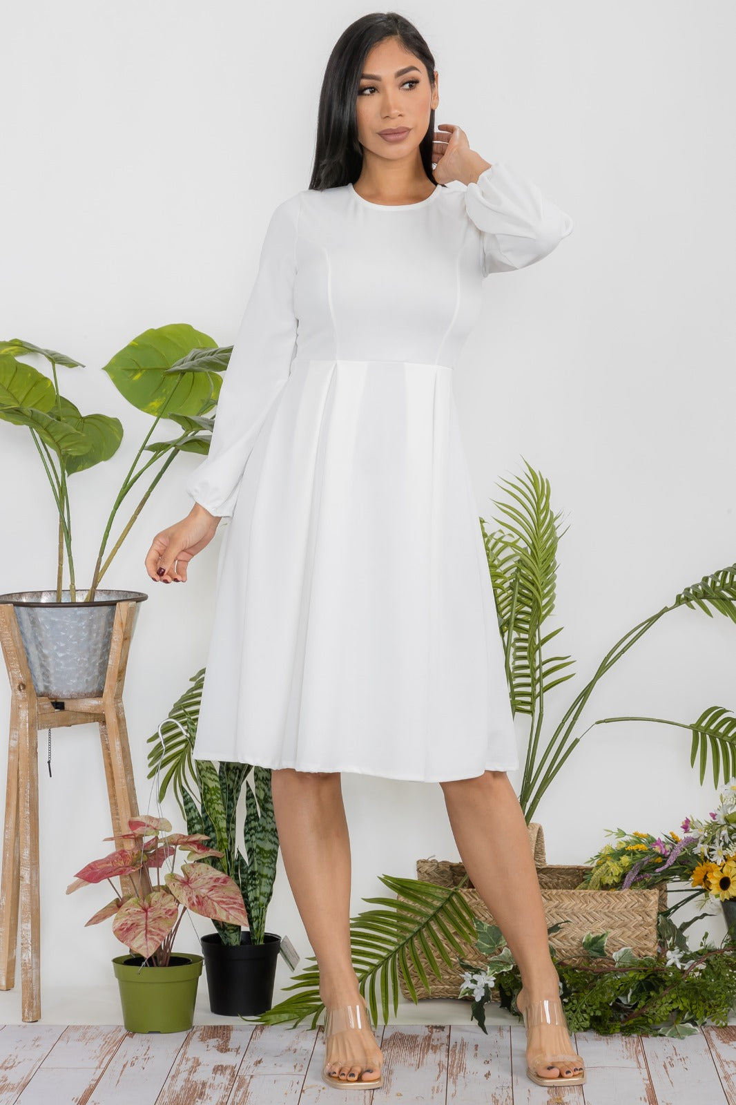 HH583R-S Midi Tie-Up Dress Puff Sleeves & Keyhole