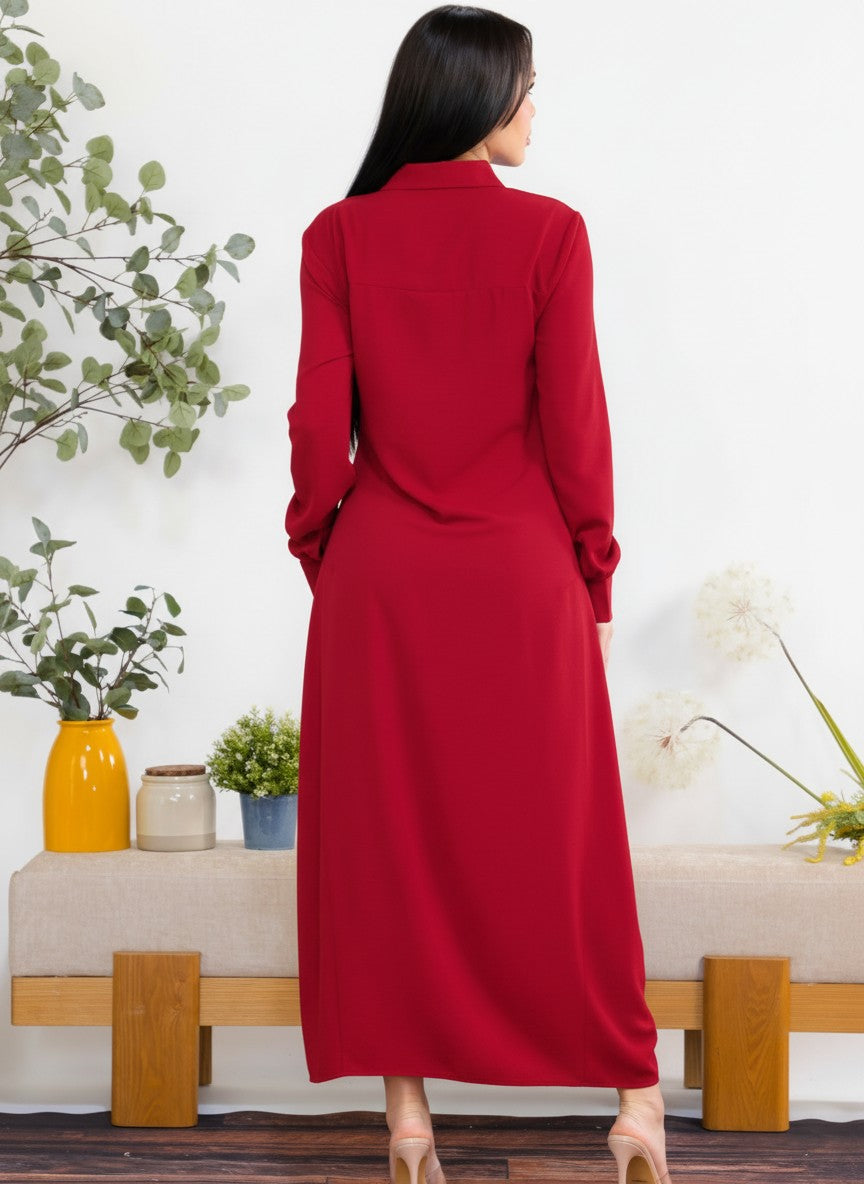 S25658-R Maxi Dress with Buttons, Pockets and Shirt