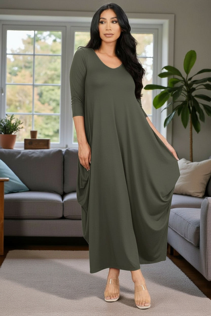 HH645R-S1 Relaxed Fit Draped Maxi Dress with Pockets