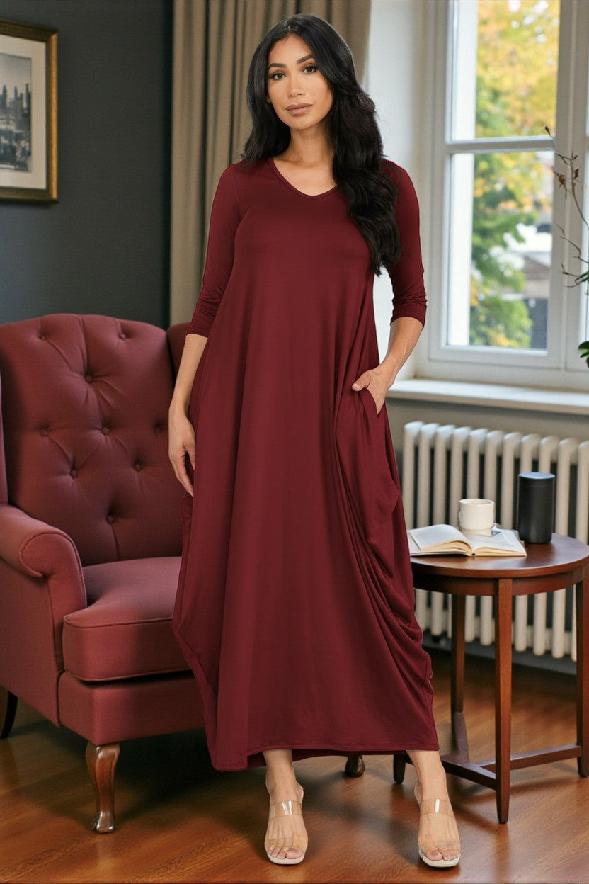 HH645R-S1 Relaxed Fit Draped Maxi Dress with Pockets