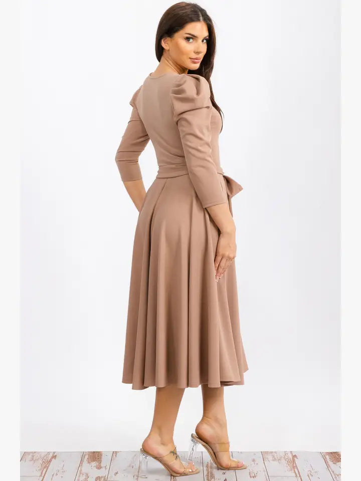 HH698X-LS-S2 Puff Sleeve Midi A-Line Dress with Waist Tie