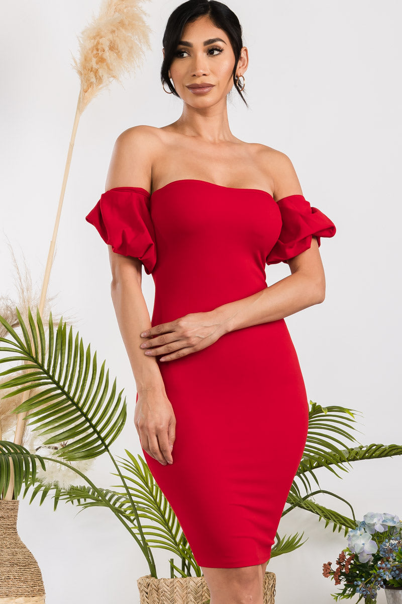 GD7105 - OFF SHOULDER PUFF SLEEVE DRESS