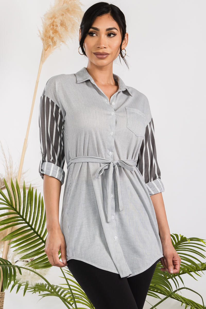 B17471 - 3/4 SLEEVE BUTTON DOWN STRIPE SHIRT
