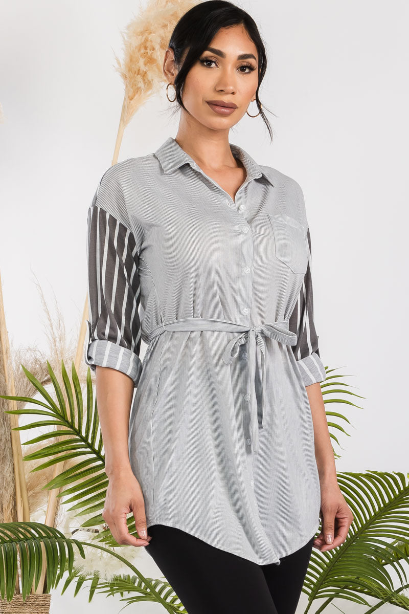 B17471 - 3/4 SLEEVE BUTTON DOWN STRIPE SHIRT