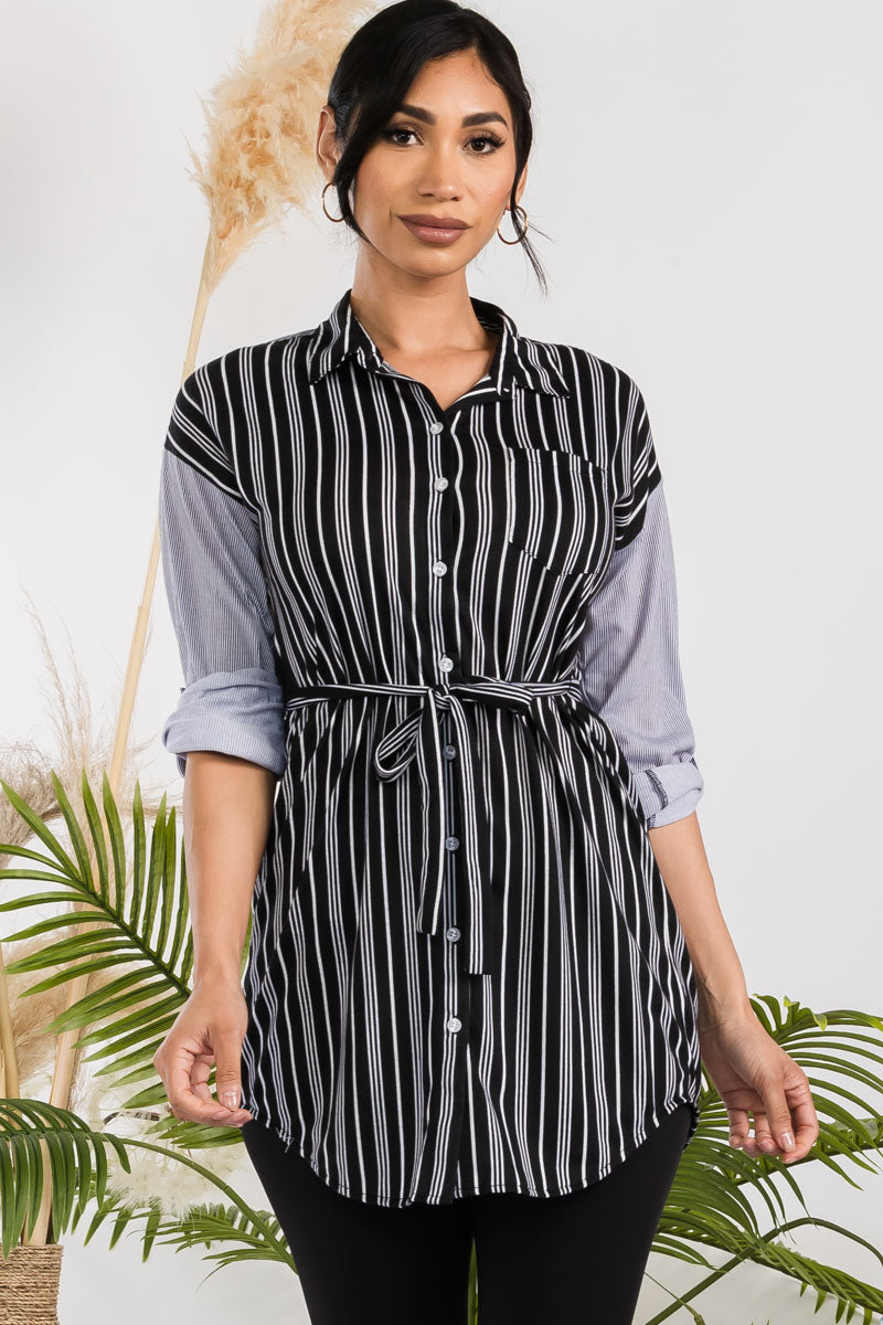 B17471 - 3/4 SLEEVE BUTTON DOWN STRIPE SHIRT