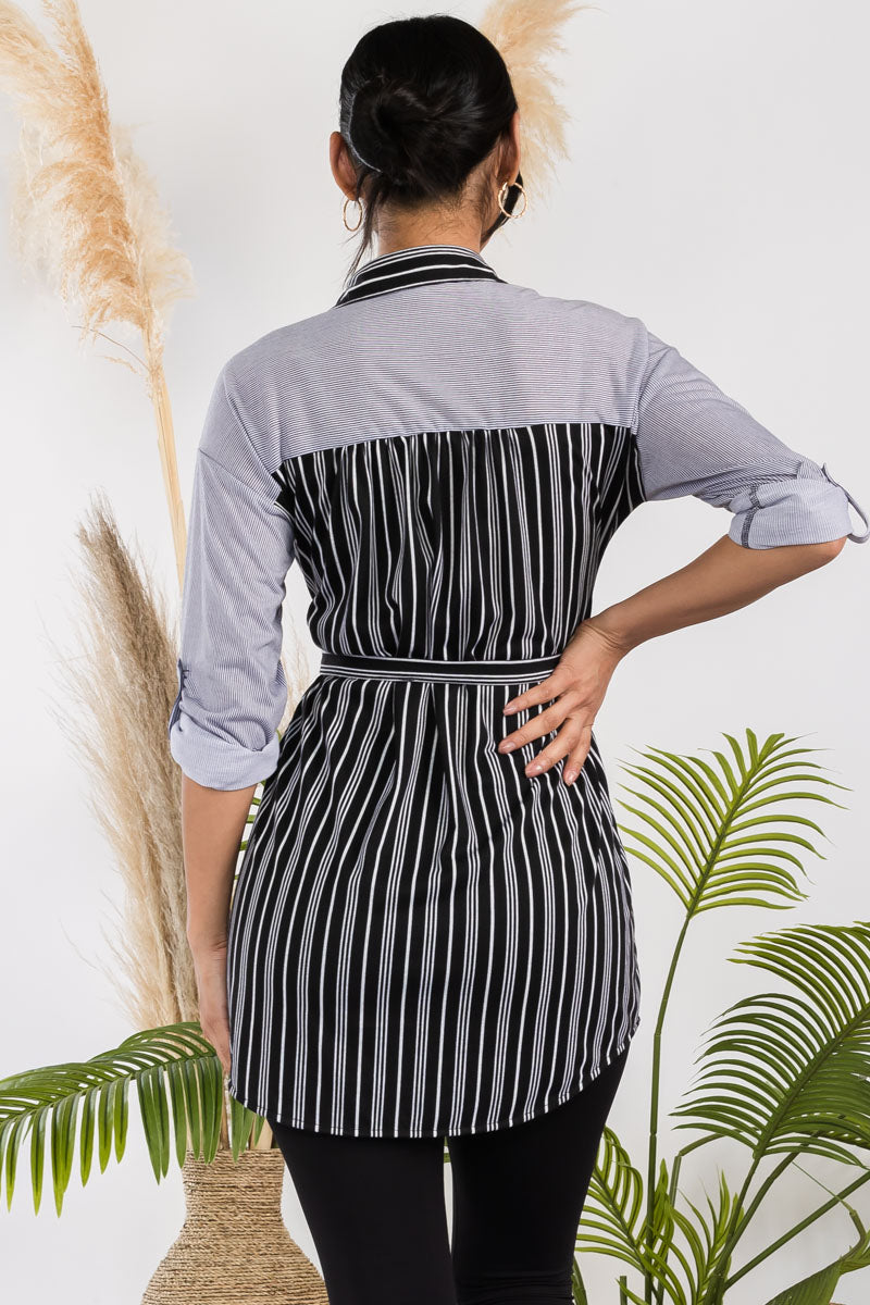 B17471 - 3/4 SLEEVE BUTTON DOWN STRIPE SHIRT